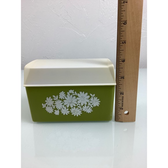 RARE VTG 1970s Retro Daisy Flowers green plastic Flip top Recipe Card box - Picture 8 of 12